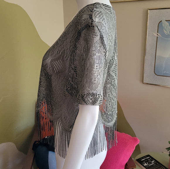 Vintage Virgo Brand Silver Knit Crochet Style Fringe Crop Top Blouse - Picture 4 of 8